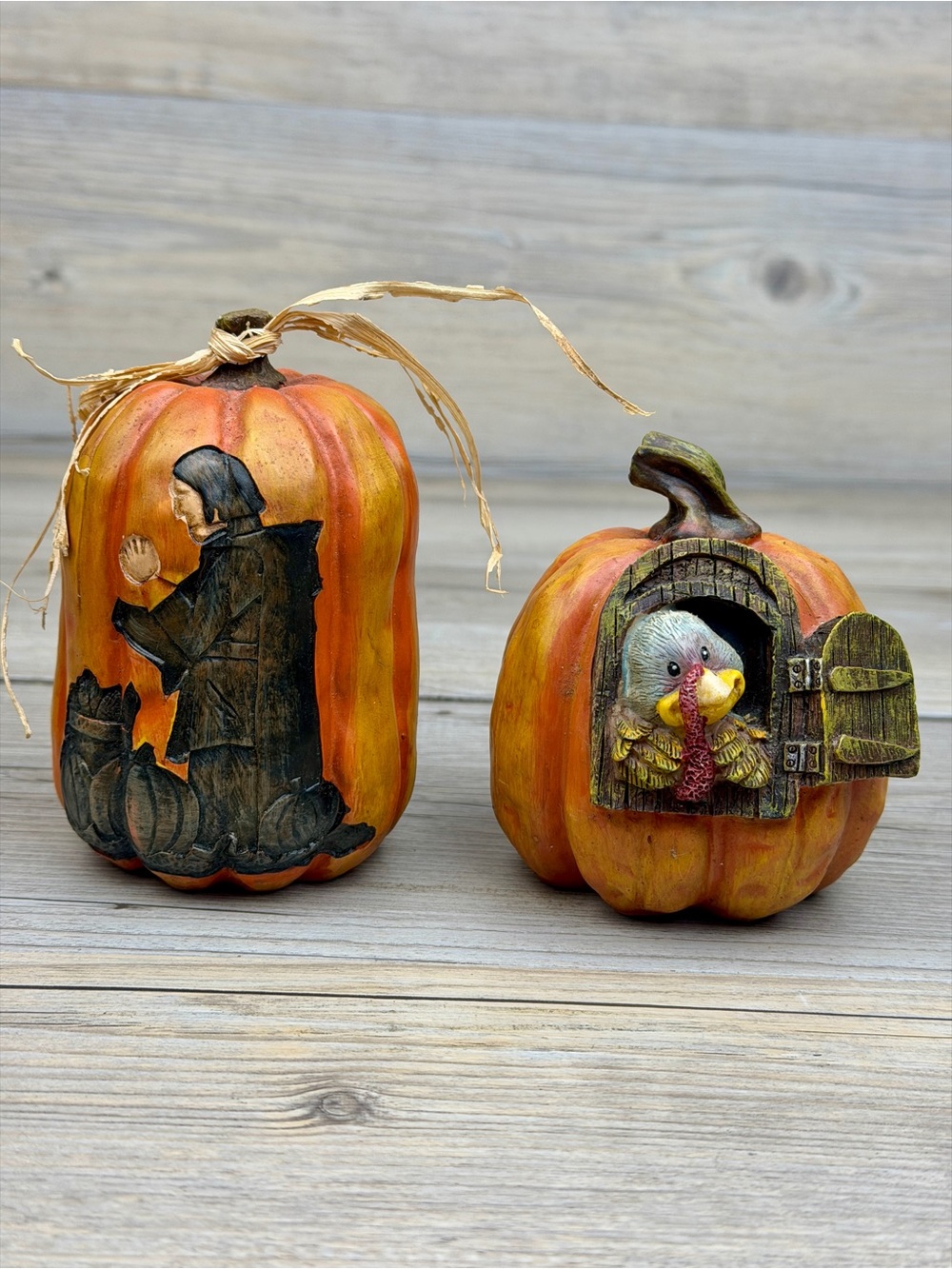 Carved resin Halloween Autumn pumpkin tabletop mantle decor set of 2.
